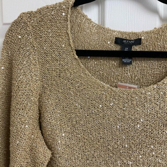 Alfani Gold Sequined Shimmer Scoop Neck Women's Elegant Plus Size Knitted Top - Picture 2 of 10